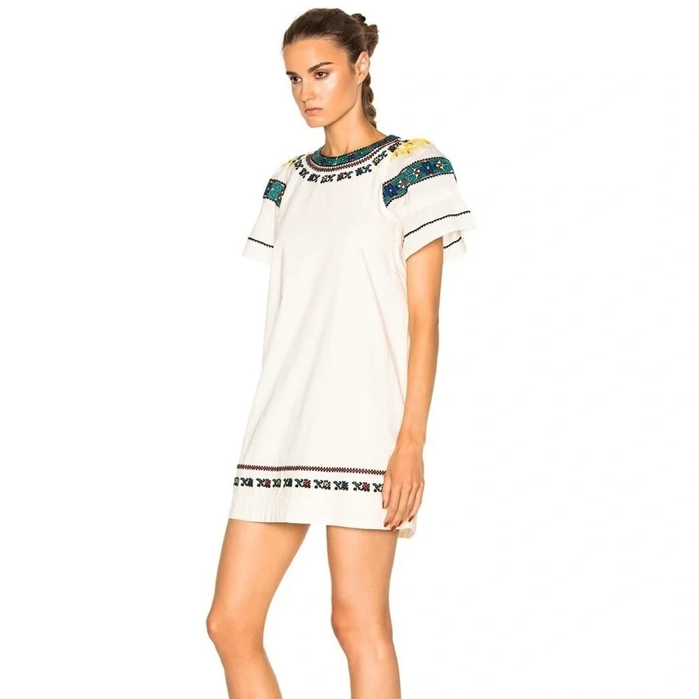 Sea New York‎ Size 2 Cream Embroidered Shift Dress Crochet Lace Boho Cotton Mini